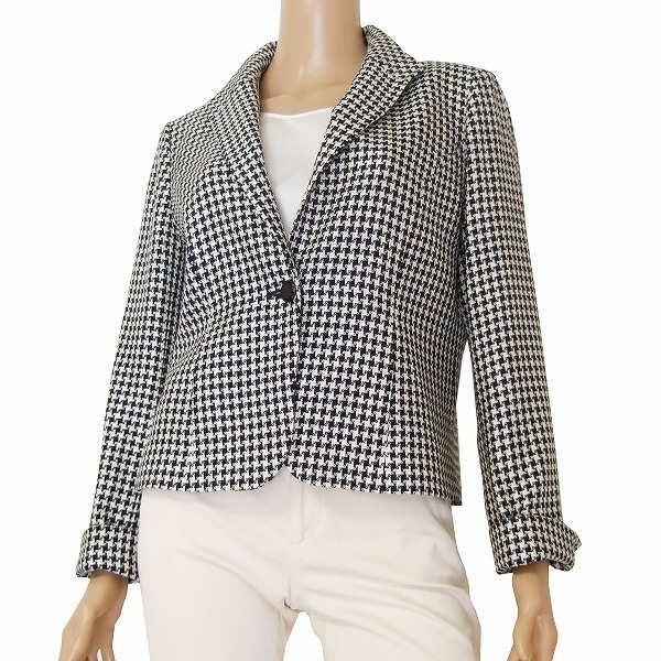 A新品同様/Lilian レリアン 大人な美形ジャケット 表記11号(40号相当) 白 黒 絹シルク混 幾何学柄 パーティ 秋冬 アウター レディース拍卖