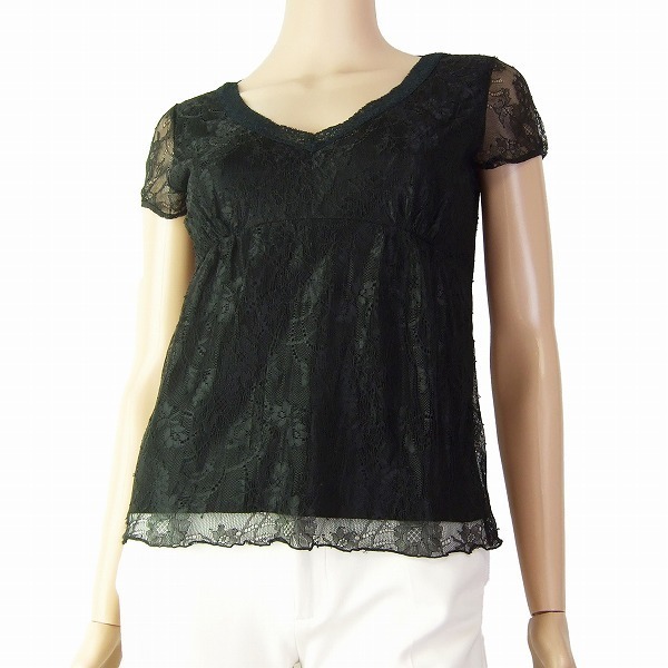 A美品/ アナイ ANAYI 大人な総レースカットソー 表記38号(9号相当) 黒/ブラック 美花柄デザイン お食事会 パーティー 春夏向け トップス拍卖