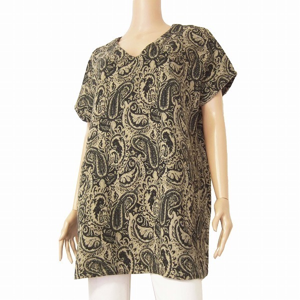 A美品/ グレープ横浜元町 grape 美形チュニック 大きいサイズ (13号~15号相当) ベージュ 黒 綿コットン100% ペイズリー柄 春夏 トップス拍卖