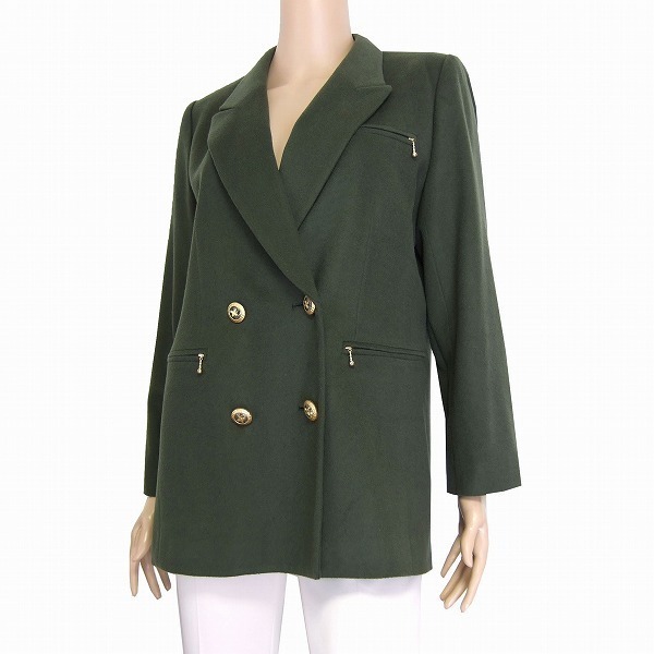 M美品/レリアン Leilian 高級ジャケット 表記9号(38号/M相当) 深緑系 圧縮ウール素材 大人スタイル 金釦 秋冬向け アウター レディース拍卖