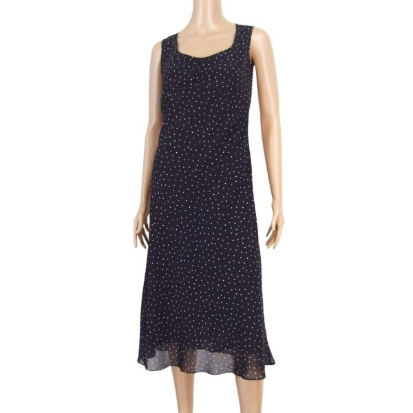 新品同様/ローラアシュレイ LAURA ASHLEY ノースリーブワンピース 表記9号 M相当 濃紺 ネイビー 紺 シフォン素材 ドット柄 春夏 レディース拍卖