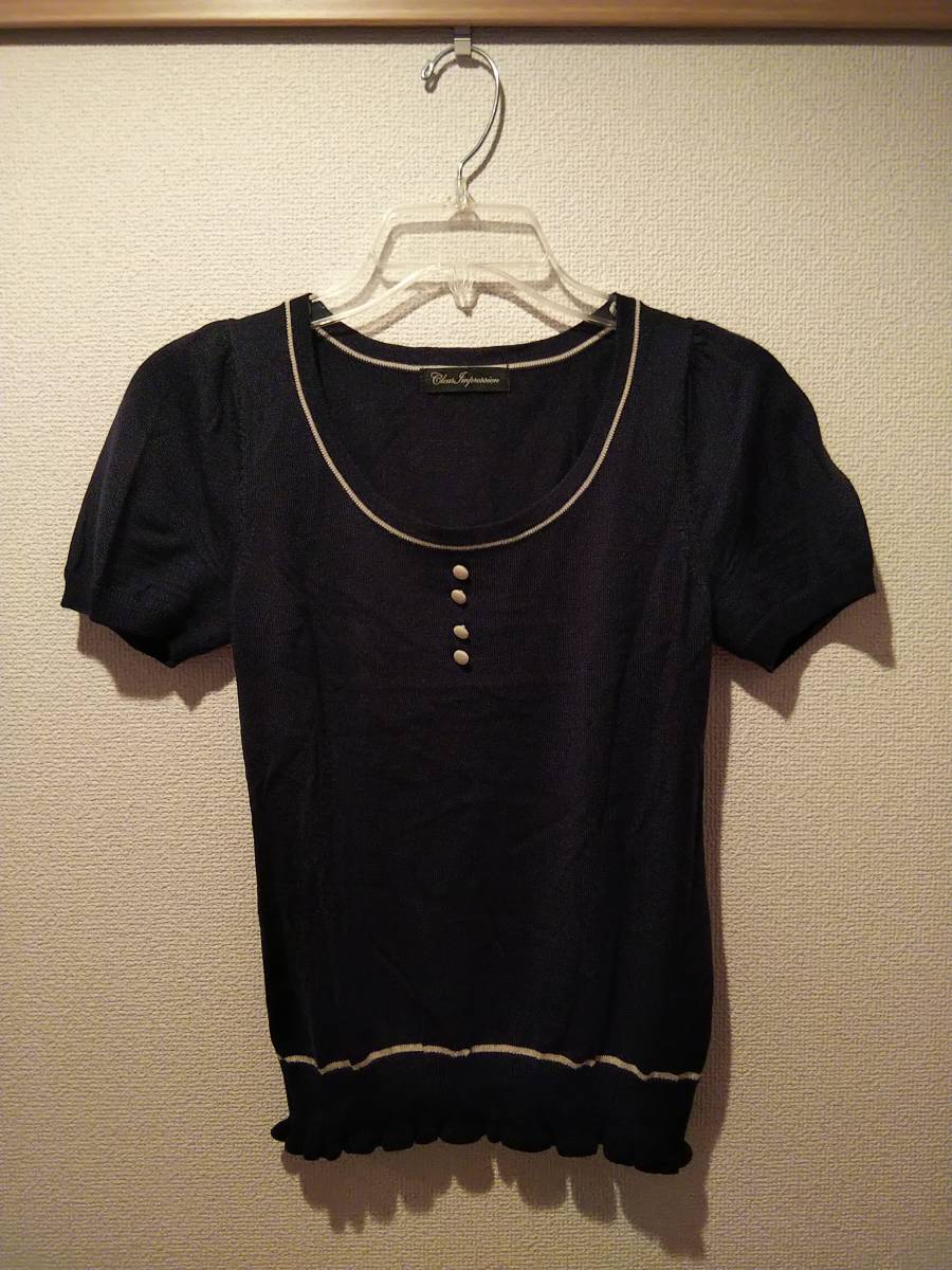 *CLEAR IMPRESSION クリアインプレッション*半袖 ニット トップス*紺 ネイビー*2 M*ウール混 フリル ボタン【古着/USED】拍卖