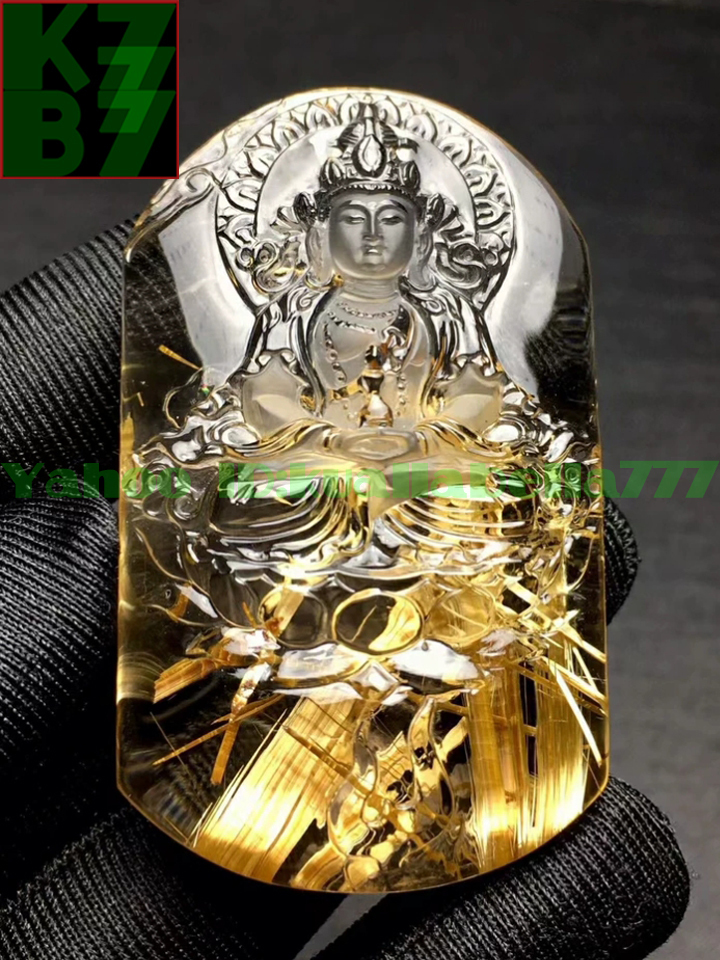 【華奢宝石】ゴールド タイチン ルチル クォーツ ペンダント『観音菩薩』天然 水晶 パワーストーン 金運 財運★長54mm 重36g 証付 T81拍卖