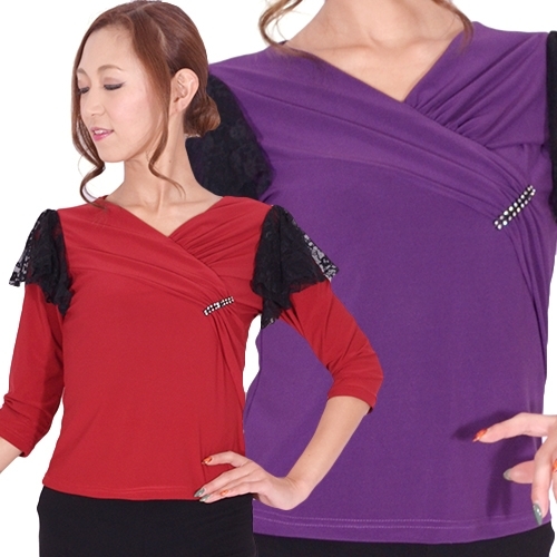 新品◎社交ダンストップス ◎ワイン ★袖レース付き ブローチ付き ワイン カットカットソー 合わせやすい 普段のインナーにも拍卖