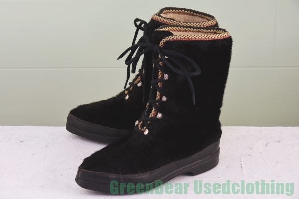 R624◆フランス製 エスキモーブーツ ビンテージ アザラシ毛 黒 ブラック レディース 23cmくらい 拍卖