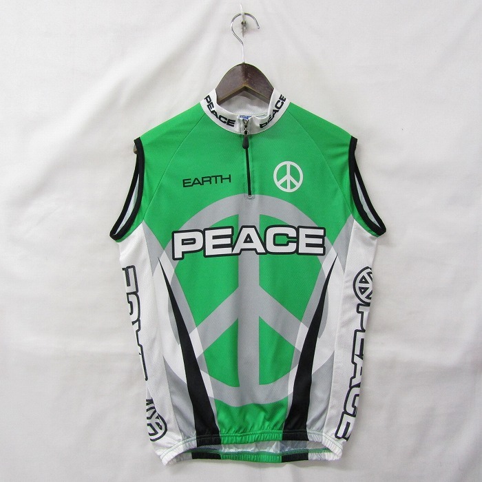 サイズ S TEAMS of The WORLD サイクル ジャージ ジレ ノースリーブ メッシュ サイクリング グリーン系 PEACE 古着 ビンテージ 2M1807拍卖