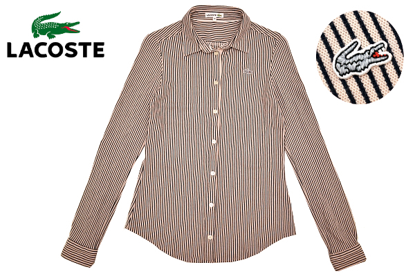 Y-3700★送料無料★超美品★LACOSTE ラコステ★日本製 正規品 ストライプ 銀シルバーワニ刺繍 袖調節可能 鹿の子 2WAY 長袖 シャツ 38拍卖