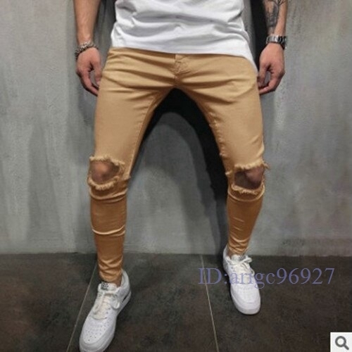 M759★新品スキニーパンツ メンズ チノパン スリムパンツ ボトムス パンツ ジョガーパンツ スウェットパンツ 美脚 ダメージ S~2XL カーキ拍卖