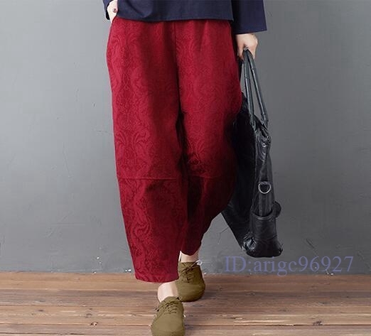 M865★新品春秋*レディースカジュアル*ジャガード刺繍*着やすい***ウエストゴム*綿麻**ワイドパンツ*ボトムス*ワインレッド L拍卖