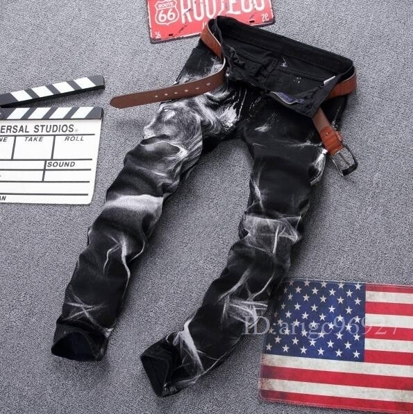 H494★メンズ個性 細身 スキニーパンツ お洒落 美脚 デニムパンツ ジーンズ プリント 狼柄 ブラック W29~W42選択拍卖