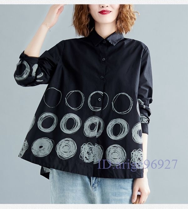 N951★新品春秋**カジュアル*可愛い*プリント柄**ゆったり大きいサイズ**ブラウスシャツ*トップス*黒選択/Lサイズ拍卖