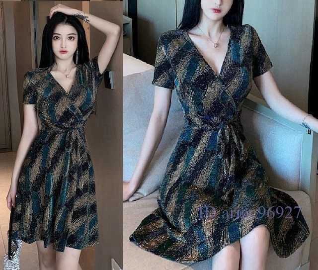 F948★*魅惑Style*セクシー?良質*とろみ素材*リボンベルト*Vネック*カシュクール*フレアワンピース*ブラック×ゴールド拍卖