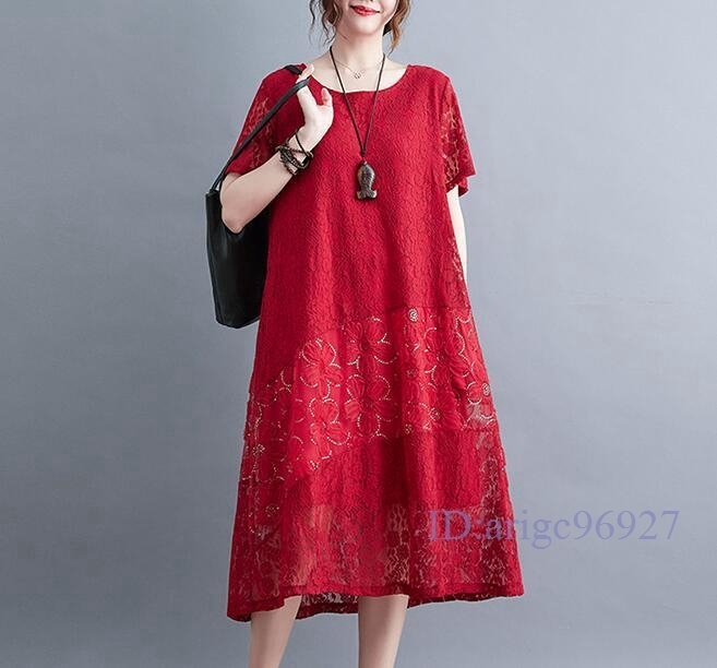 M924★新品夏*総レース*切り替えカジュアル*結婚式二次会*体型カバー*大きいサイズ*半袖ロングワンピース*M~3XL レッド拍卖