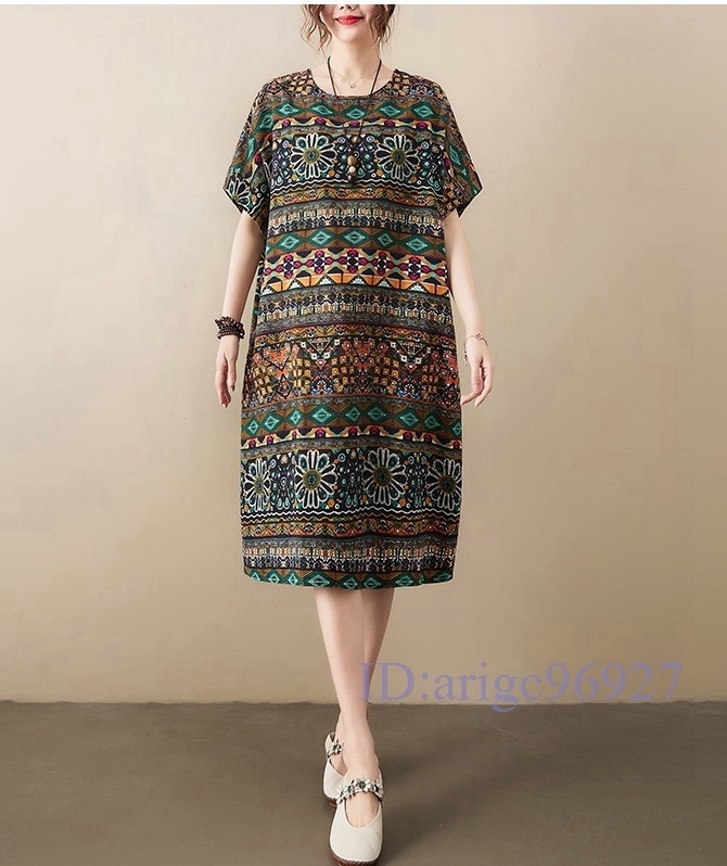 M981★新品春夏**レディース*カジュアル*ゆったり大きいサイズ体型カバー*綿麻総柄半袖ロングワンピース* グリーン拍卖