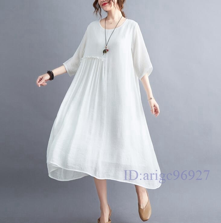 N310★新品夏*レディース*カジュアル**ゆったり大きいサイズ体型カバー*切り替え*無地半袖ロングワンピー*M~XXL 白拍卖