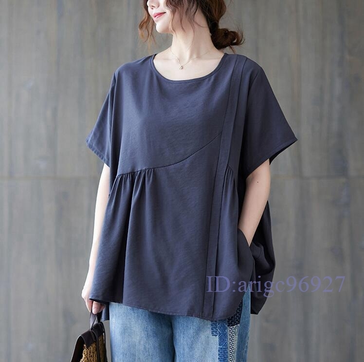 N234★新品夏***レディース*カジュアル**20304050代*体型カバー*ゆったり大きいサイズギャザー半袖シャツブラウス*グレー拍卖