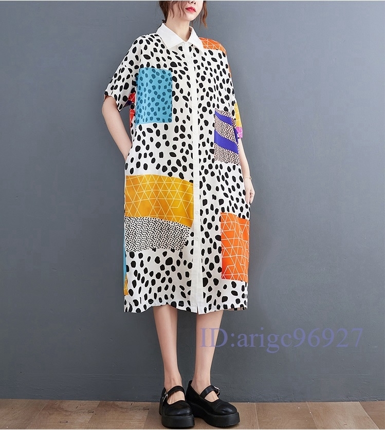 M843★新品春夏**カジュアル*ゆったり大きいサイズ体型カバー*切り替え*配色*プリント柄*半袖シャツロングワンピース*白拍卖