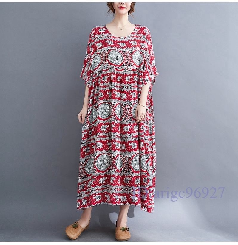 N009★新品春夏**レディース*カジュアル*ゆったり大きいサイズ体型カバー*総柄*半袖マキシロングワンピース*レッド拍卖