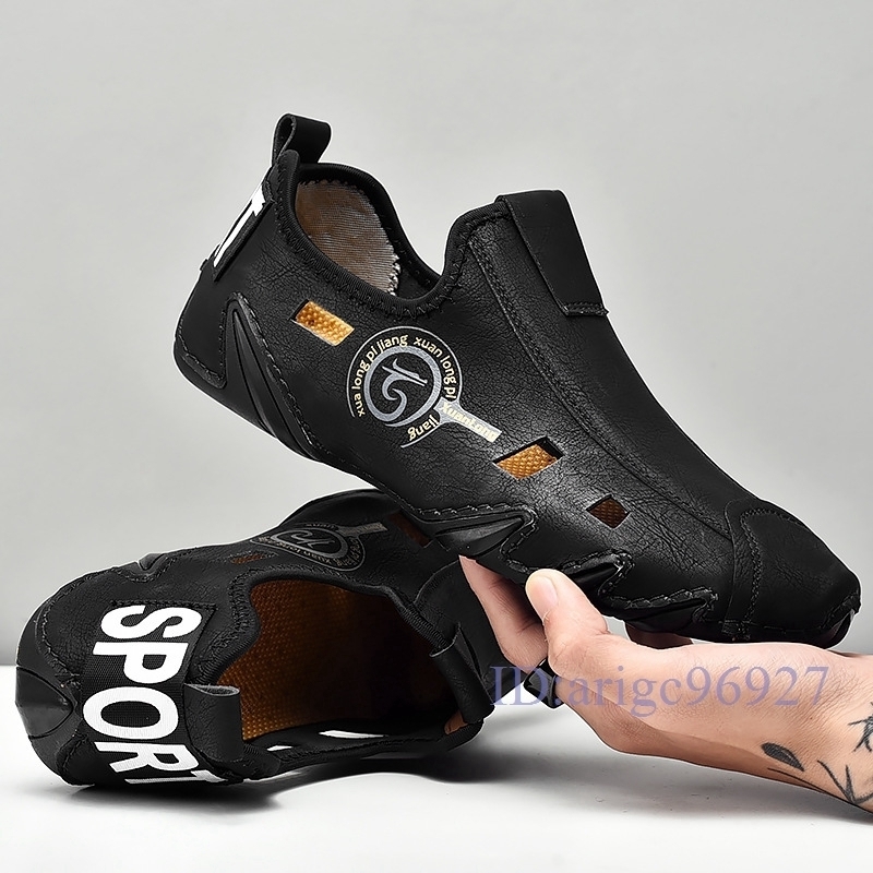 F766★メンズサンダルレザーシューズ スリッポンローファー春夏靴透かし彫り紳士靴ドライビングシューズ軽量 3色選択 ブラック 24cm~28cm拍卖