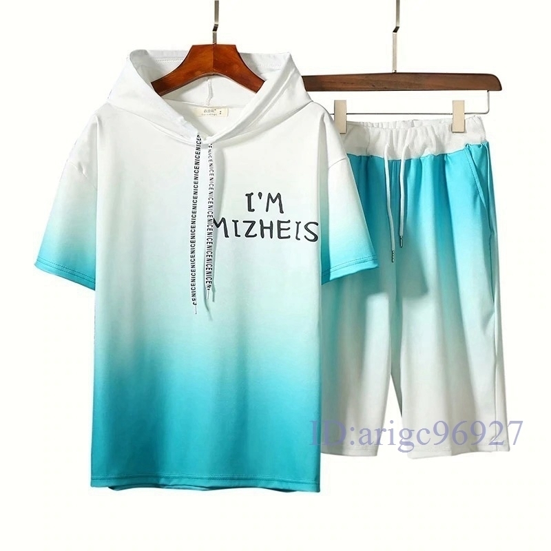 E624★上下セット メンズ ジャージ セットアップ おしゃれ フード付き 半袖パーカ ー 半ズボン グラデーション プリント拍卖