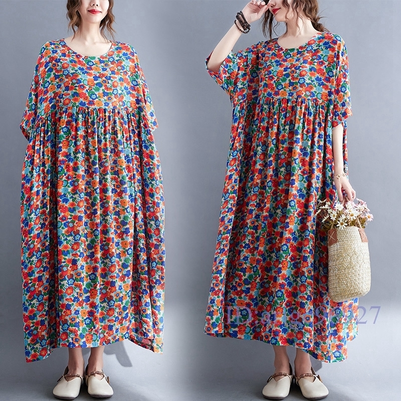 N016★新品春夏**レディース*カジュアル*ゆったり大きいサイズ体型カバー*総柄*半袖マキシロングワンピース*レッド拍卖