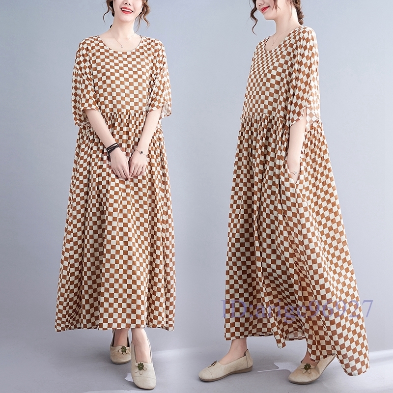 N425★新品夏**レディースカジュアル*ゆったり大きいサイズ体型カバー*ボードプリント*配色*マキシロングワンピース*カーキ拍卖