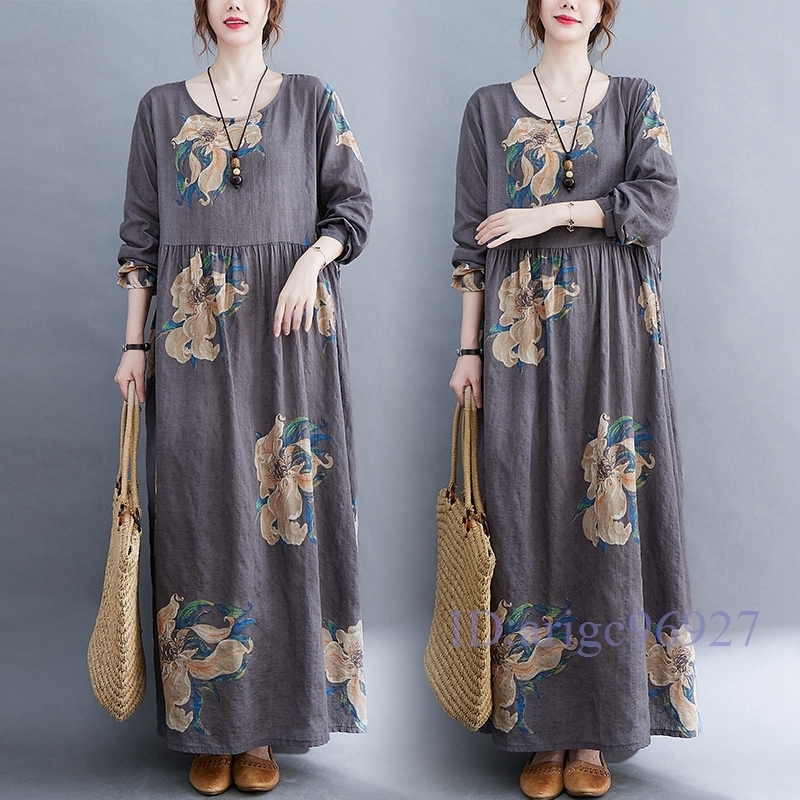 N274★新品秋*2030304050代カジュアル*花柄**ゆったり大きいサイズ*長袖*ロングワンピース*グレーサイズ選べる/XLサイズ拍卖