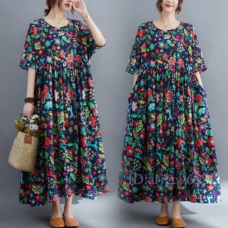 N359★新品春夏**レディース*カジュアル**ゆったり大きいサイズ体型カバー* プリント柄*半袖マキシロングワンピー*紺拍卖