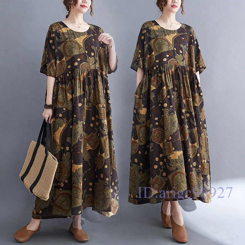 N403★新品春夏**レディース*カジュアル*ゆったり大きいサイズ体型カバー*プリント柄**半袖マキシロングワンピー*コーヒー拍卖