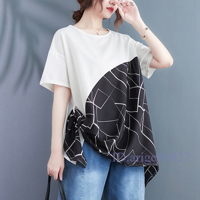 N237★新品夏***レディース*カジュアル*20304050代*体型カバー*ゆったり大きいサイズ切り替え不規則半袖シャツブラウス*拍卖