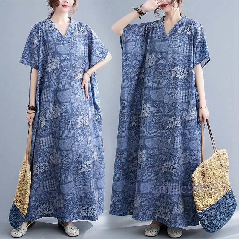 N092★新品春夏**レディース*カジュアル*Vネックゆったり大きいサイズ体型カバー*綿麻*半袖総柄マキシロングワンピース*拍卖