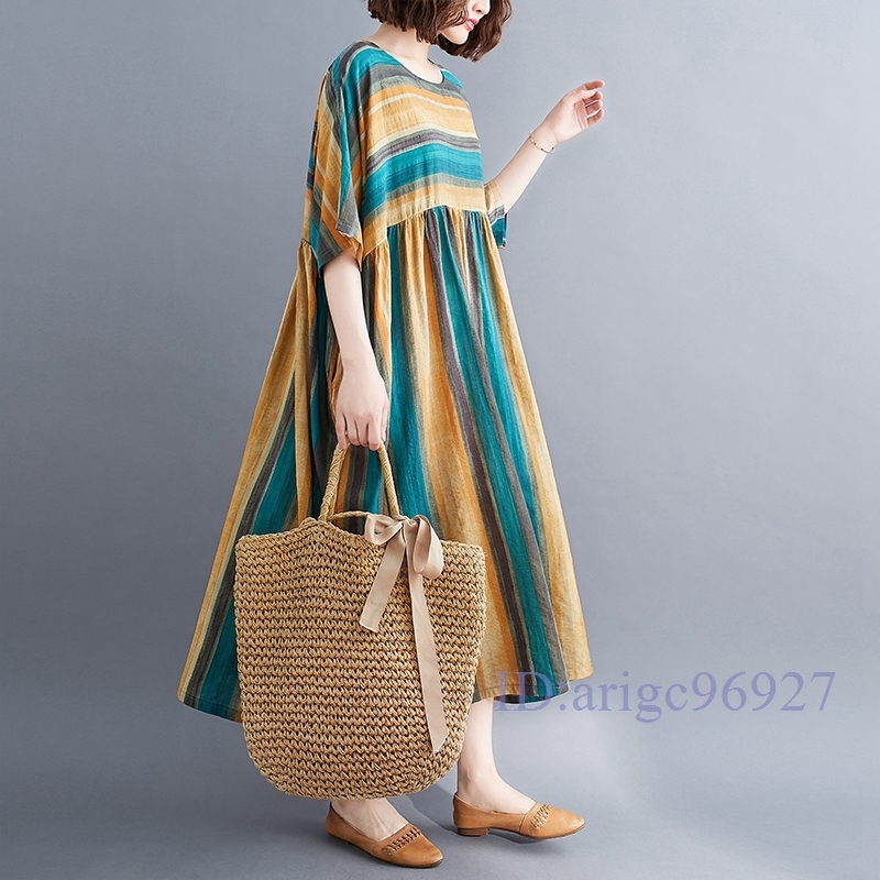 M990★新品春夏**レディース*カジュアル*ゆったり大きいサイズ体型カバー*ボーダー半袖マキシロングワンピース* 拍卖