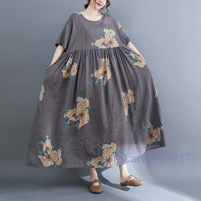 M975★新品春夏**レディース*カジュアル*ゆったり大きいサイズ体型カバー*花柄*半袖ロングワンピース*グレー拍卖