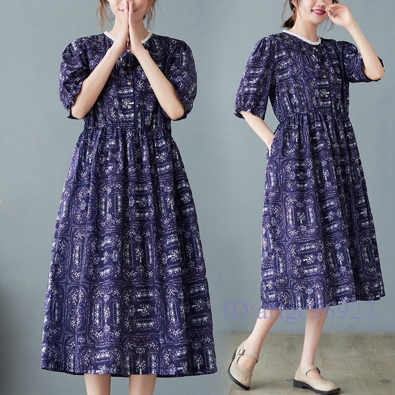 N487★新品春夏**レディース*カジュアル*ゆったり大きいサイズ体型カバー**可愛い**プリント半袖マキシひざ丈スカート*拍卖