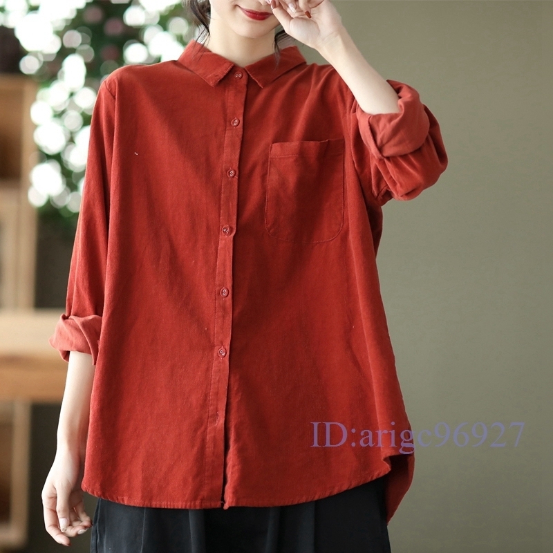 N078★新品M~XXLサイズ春**カジュアル*コーデュロイ*304050代ゆったり大きいサイズ長袖*シャツブラウス*レッド系拍卖