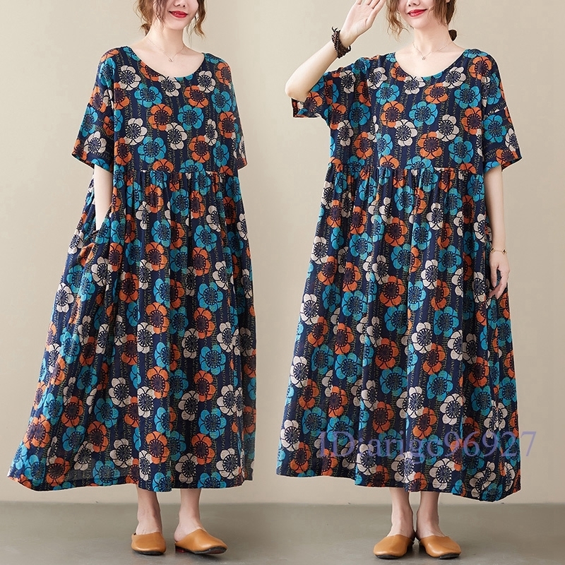 M991★新品春夏**レディース*カジュアル*ゆったり大きいサイズ体型カバー*総柄花柄半袖マキシロングワンピース*ブルー 拍卖
