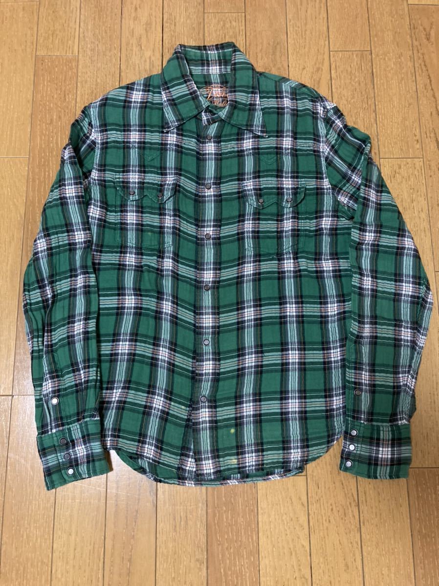 TMT ガーゼシャツ M グリーン 刺繍 長袖 ネルシャツ チェックシャツ拍卖