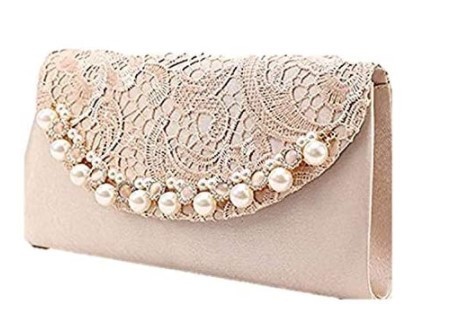 新品● パール&ストーン お呼ばれ パーティ お集まり 大きめ ベージュ サテンプリーツバッグ 母の日プレゼント拍卖