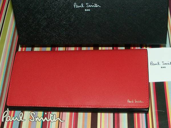 216☆②R 新品本物即決 ポールスミス Paul Smith 牛革 ピンストライプ 長財布 箱付き レッド×ブラック 赤×黒拍卖