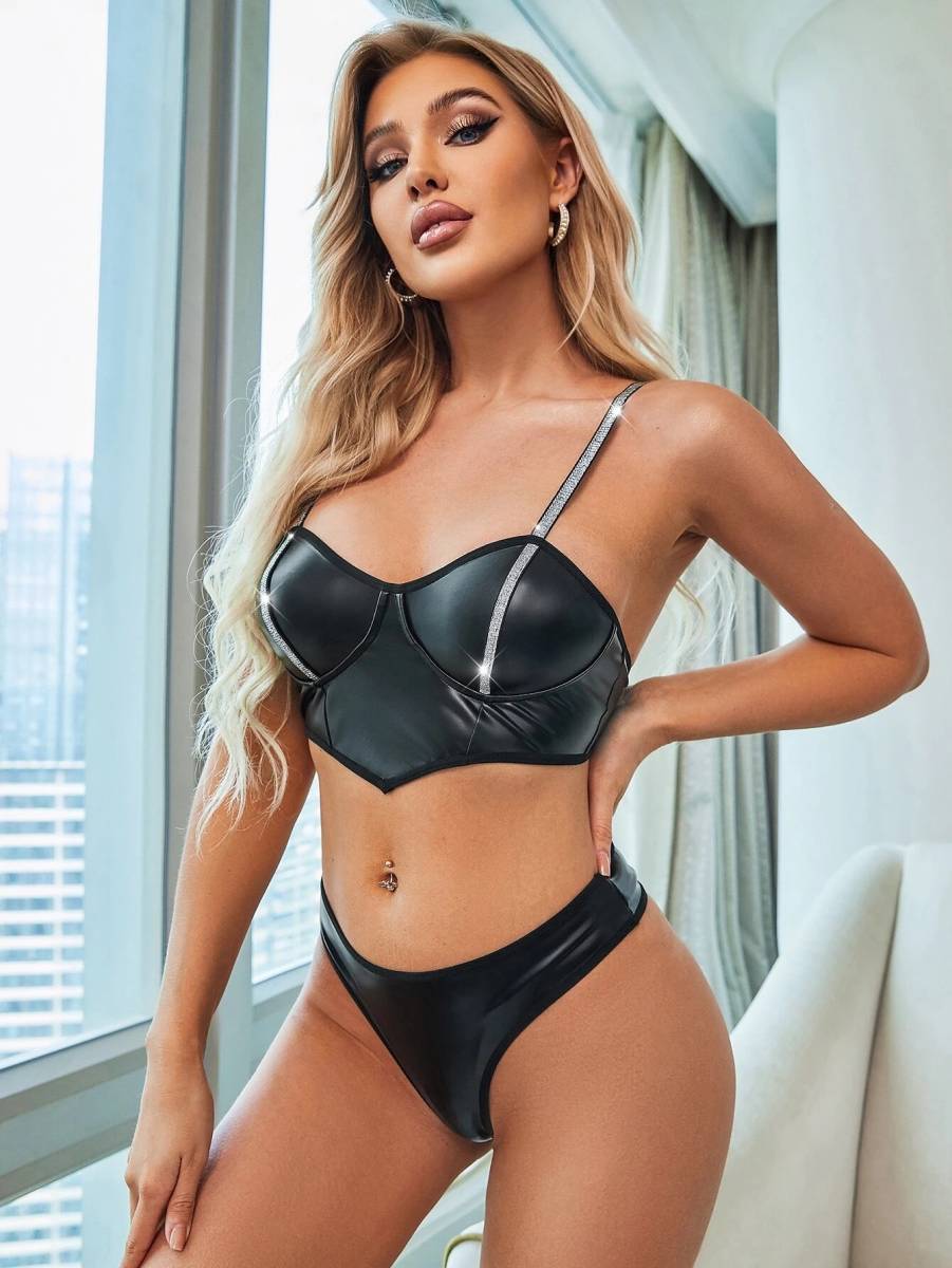 マッドブラック ビニール ブラ、Tバックショーツセット XL 拍卖