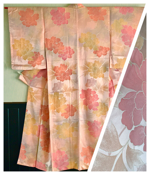 【小紋の着物】正絹/袷/身丈151.5cm/牡丹柄/薄いピンクと卵色の牡丹のグラデーション拍卖