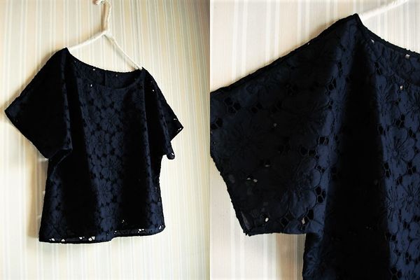 総レースドルマン袖PO★濃紺花柄カットワーク刺繍 ハンドメイド 拍卖