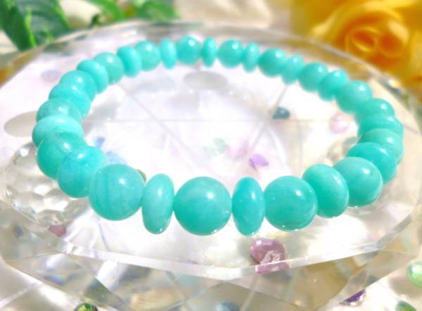 ☆ハートの癒し☆希望の星☆ホープストーン☆高品質AAA☆ペルー産☆アマゾナイト☆ ☆8mm+ボタン☆ ☆17cm☆拍卖