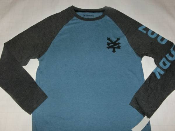 USA購入 アメカジ【ZOOYORK】ズーヨーク 腕部分ロゴプリント入りロングスリーブTシャツUS L Blue x BlackGray拍卖