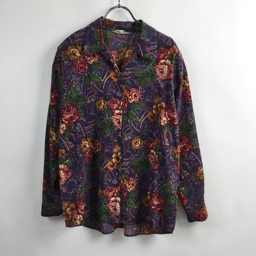 デザインシャツ★ 長袖シャツ 総柄 花柄 肩パッドあり マルチカラー サイズ9 レディース拍卖