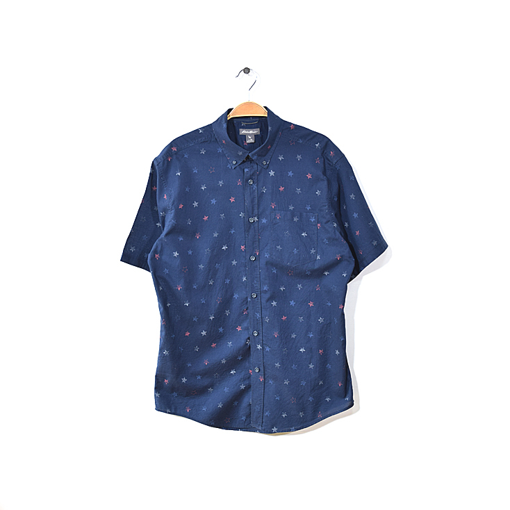 【送料無料】エディーバウアー コットン 星柄 BDシャツ ボタンダウン 半袖シャツ メンズM ネイビー Eddie Bauer アメカジ 古着 CB0780拍卖