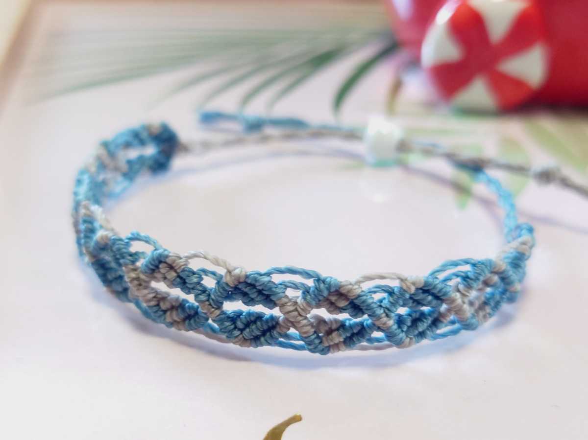 ブレスレット・マクラメ・ハンドメイド・ブルーグレー・夏・海・浴衣拍卖