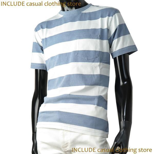 半袖T インディゴ カットデニム 太ボーダー プリント ブリーチ サマー ブルー M 送料込 クリックポスト拍卖