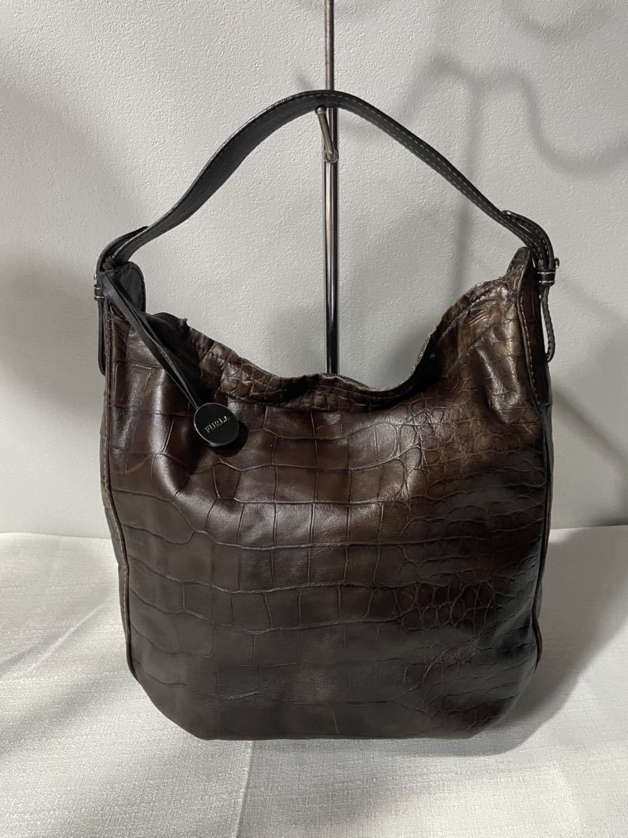 FURLAフルラハンドバッグショルダー鞄茶ブラウンレディース型押し通勤通学仕事拍卖