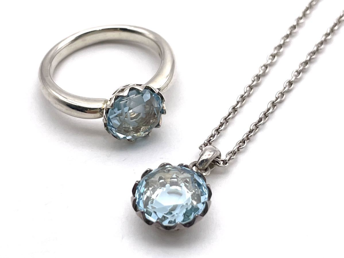 4℃ SILVER925 ブルーの石にシルエット ネックレス●リング 10号拍卖